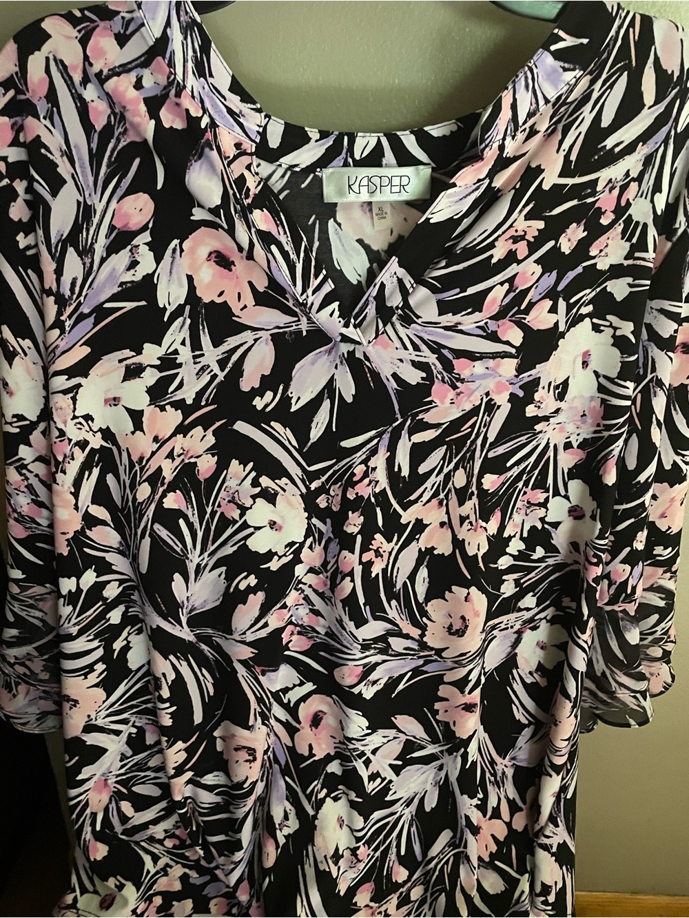 Kasper Black Floral Scoop Neck Tunic — Pink & Lavender Accents